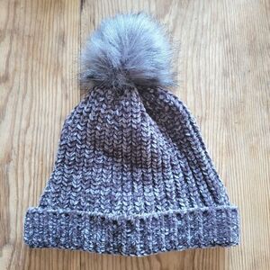 Gray Chenille Knit Beanie with Faux Fur Pom Pom